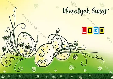 Czarnym konturem narysowane pisanki i gałązki z żółtymi plamami wewnątrz, u dołu zielona łąka, u góry kremowa biel