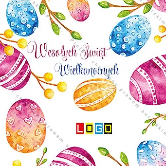 Duże akwarelowe jaja, niebieskie, fioletowo-różowe i pomarańczowe, wśród gałązek na białym tle, pośrodku życzenia