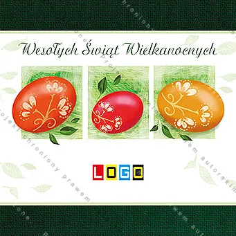 Rządek pisanek w odcieniach czerwieni i pomarańczu, zielone kwadratowe ramki, białe pole, ciemne pasy