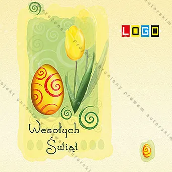 Tulipan o żółtych płatkach, obok pomarańczowa pisanka ze spiralami, malowana zielona plama, kremowe tło