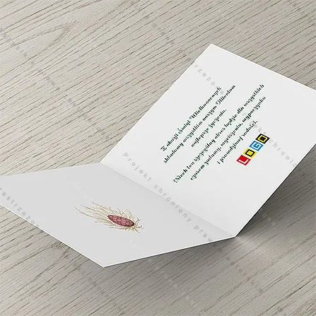 Karnet WN2-114 Cztery ornamentowe pisanki w akwareli, otwarty na stole, środek z miejscem na życzenia i logo