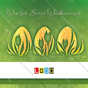 Trzy żółto-złote pisanki w białe kropki, ich obrys przypomina płatki tulipana, zielone tło z fakturą, u góry jasny napis