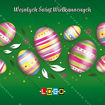 Rząd różowych i niebiesko-żółtych pisanek w paski i kropki na ciemnozielonym gradiencie, u góry biały napis