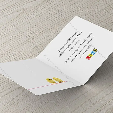 Karnet WN2-160 Pisklęta przed kwieciem jabłoni, otwarty na stole, środek z miejscem na życzenia i logo