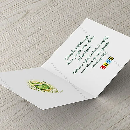 Karnet WN2-172 Wianek z bazi wokół pisanki, otwarty na stole, środek z miejscem na życzenia i logo