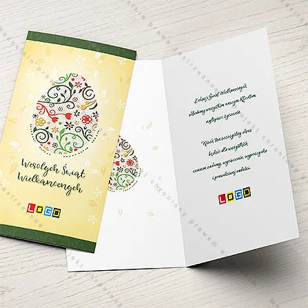 Tulipany w czerwieni i zielone pnącza zdobią jajo na żółtokremowym tle, ciemnozielone pasy na krawędziach, pod jajem napis