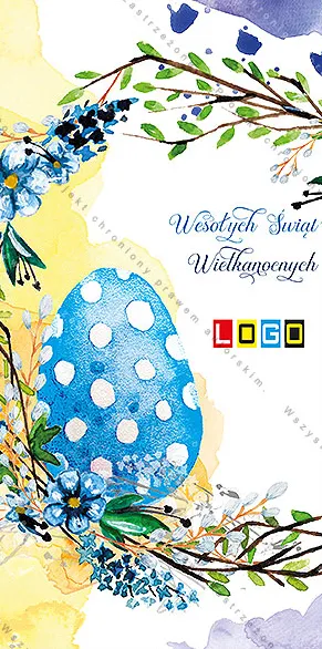 Niebieskie kropkowane jajo z lewej, wokół witki z baziami i drobne niebieskie kwiaty, białe tło, z prawej napis