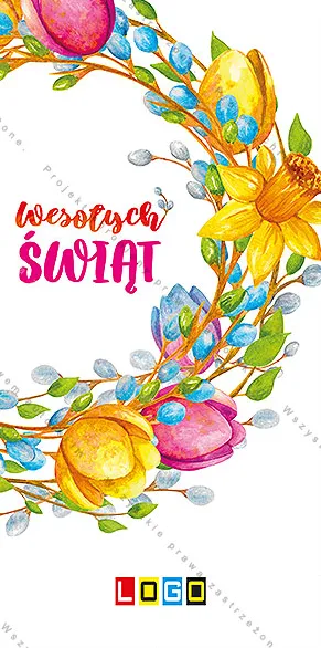 Wianek z bazią, tulipanami i trzema pisankami ucięty prawą krawędzią, na białym tle, w środku różowy napis