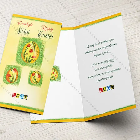 Trzy jajka w czerwone tulipany na plamach zielonej akwareli, w tle żółć, niżej czerwono-zielony napis