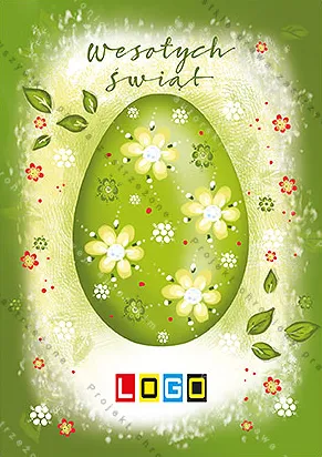 Limonkowa pisanka pokryta białymi kwiatami, w jasnym środku zielonego kadru, dookoła kwiatuszki, u góry wąski jasny napis