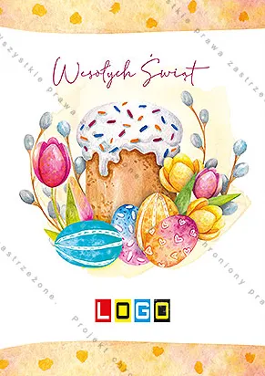 Wypiek z lukrem i kuleczkami wśród pisanek, tulipanów i gałązek bazi, na białym tle z pomarańczową akwarelą