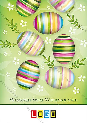 Siedem jaj w poziome pasy leży na limonkowym tle, obok zielone gałązki i białe kwiatki, na dole napis życzeń