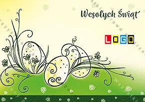 Czarne kontury jaj z wyrastającymi spiralnymi pędami na gradiencie żółci i zieleni, w narożniku szary napis